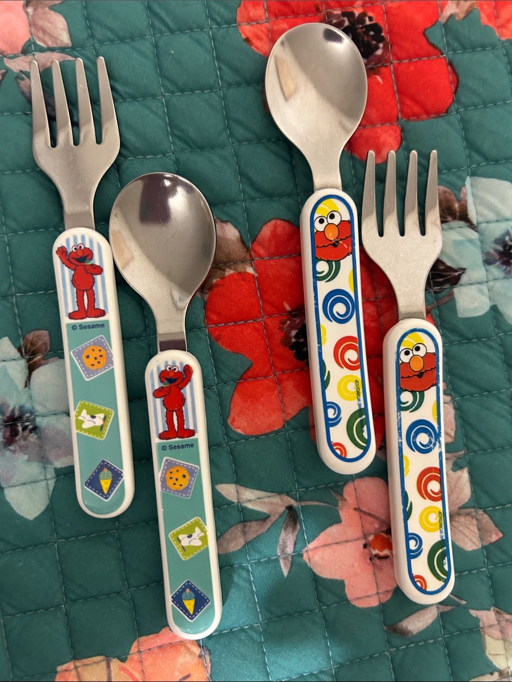 VINTAGE Sesame Street Elmo Kids Fork and Spoon Sets -Blue, Green & Multicolor